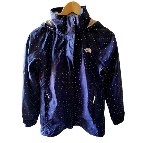 The Northface Navy and White Polka Dot Dryvent Resolve Parka Rain Coat Hooded - Picture 1 of 6